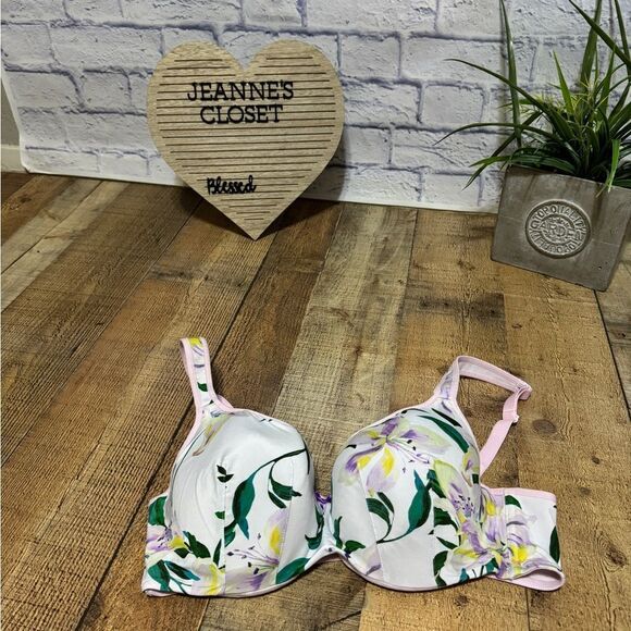 CACIQUE SMOOTH BALCONETTE WHITE TROPICAL LILY FLORAL LIGHTLY LINED BRA 40D - Picture 2 of 8